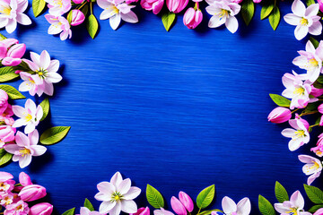 Beautiful pink spring flower blossoms on indigo blue colored background. Large middle centered copy space. Framed by flowers. Generative AI illustration