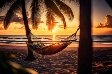 a tropical beach at sunset with a hammock under a palm tree, Generative AI - 570453682