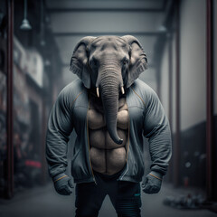 Fototapeta na wymiar muscular elephant wearing a sportsuit at the gym, generative ai