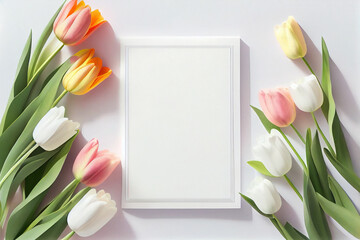 Clean blank frame for mockup on white background with tulips. Flat Lay style