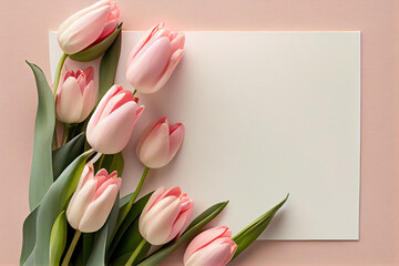 Clean blank for mockup on pastel rose background with tulips. Flat Lay style