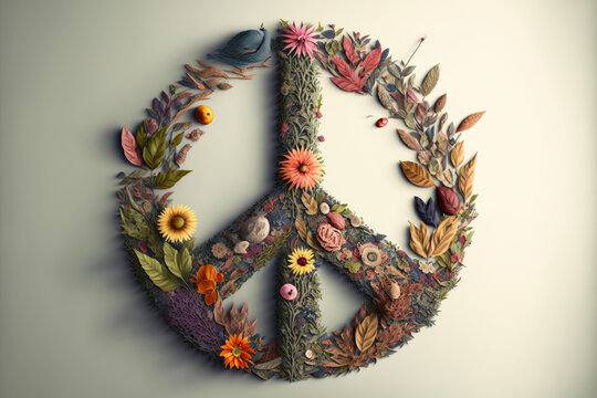 a peace sign made out of flowers on white background, Generative AI