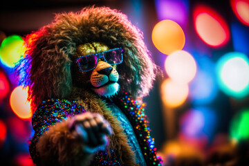 funny dancing lion wearing disco clothes from the eighties, Generative AI - 570454013