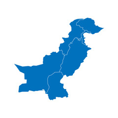 Pakistan political map of administrative divisions - provinces and autonomous territories. Solid blue blank vector map with white borders.