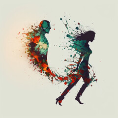 illustration woman walking out of a mans life abstract and colorful one of a kind original art