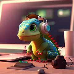 Baby dinosaur with headphones