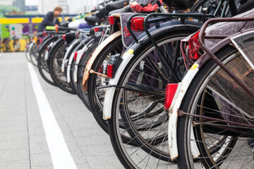 row of parked bicycles in a Dutch city