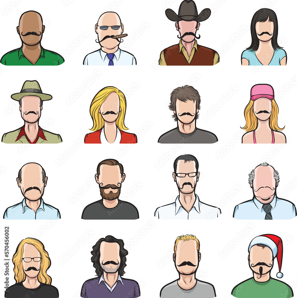 Poster anonymous faces with mustaches big collection isolated user profile avatar heads - png image with tr