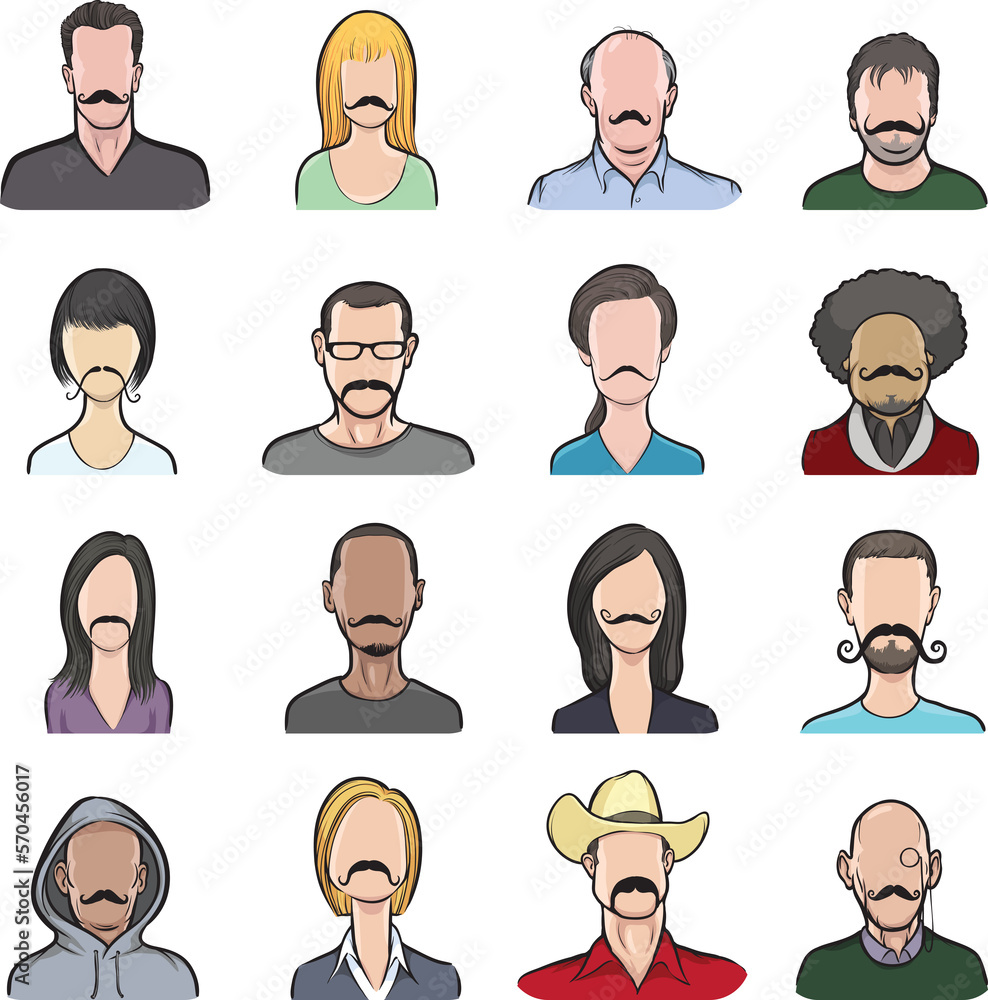 Poster anonymous faces with mustaches collection isolated user profile avatar heads - png image with transp