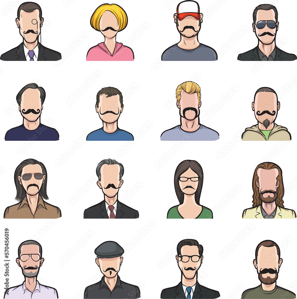 Sticker anonymous faces with mustaches set isolated user profile avatar heads - png image with transparent b