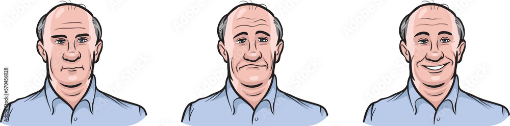 Poster bald guy face three expressions isolated user profile avatar heads - png image with transparent back