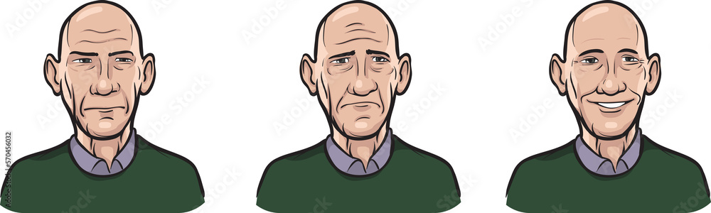 Poster bald man face three expressions isolated user profile avatar heads - png image with transparent back