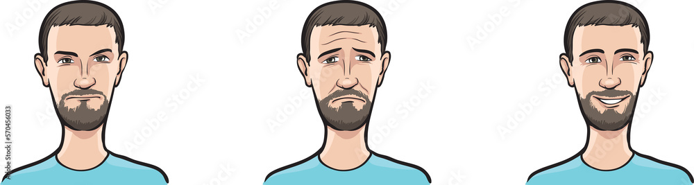 Poster bearded guy face three expressions isolated user profile avatar heads - png image with transparent b