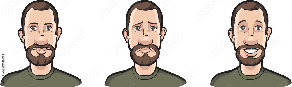 Poster bearded man face three expressions isolated user profile avatar heads - png image with transparent b