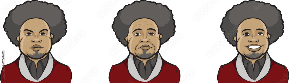 Poster black man afro face three expressions isolated user profile avatar heads - png image with transparen