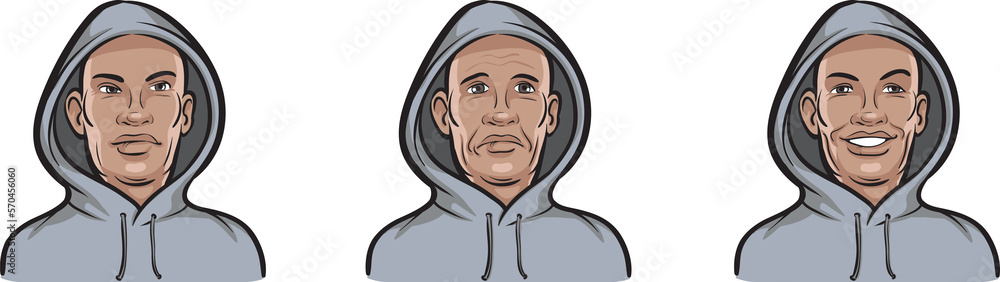 Poster black man face in hood three expressions isolated user profile avatar heads - png image with transpa