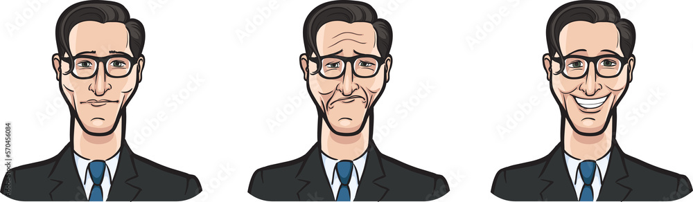 Poster businessman face three expressions isolated user profile avatar heads - png image with transparent b