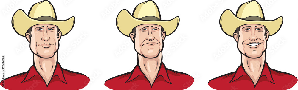 Poster cowboy face three expressions isolated user profile avatar heads - png image with transparent backgr
