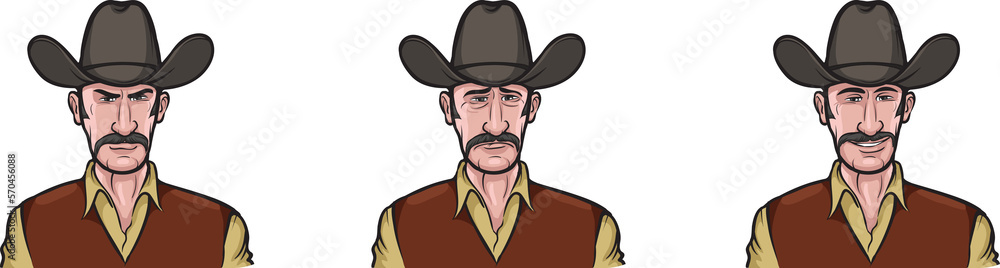 Poster cowboy man face three expressions isolated user profile avatar heads - png image with transparent ba