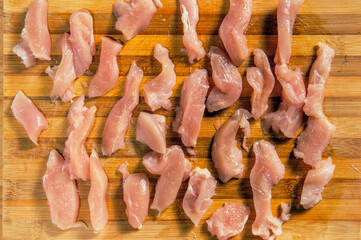 Raw ingredients. Ready to be cooked. Recipe for chiken stew, European cuisine, cooked with a garnish of mushrooms, small onions and ohter.