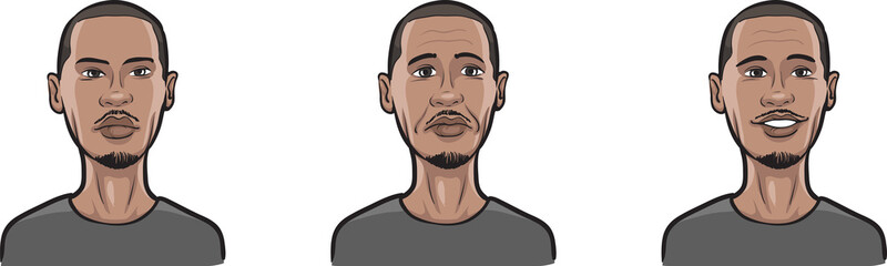 black guy face three expressions isolated user profile avatar heads - PNG image with transparent background