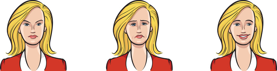 blond woman face three expressions isolated user profile avatar heads - PNG image with transparent background