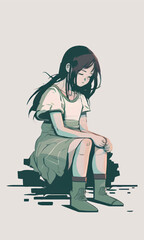 young sad girl in depression, vector illustration