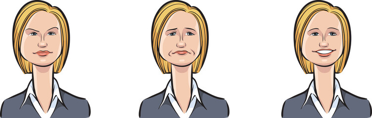 business woman face three expressions isolated user profile avatar heads - PNG image with transparent background