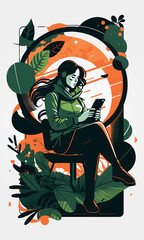 young woman working on cell phone sitting, abstract vector illustration. Isolated.
