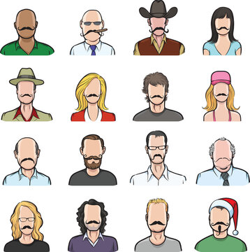 anonymous faces with mustaches big collection isolated user profile avatar heads - PNG image with transparent background