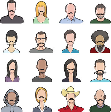 anonymous faces with mustaches collection isolated user profile avatar heads - PNG image with transparent background