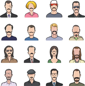 anonymous faces with mustaches set isolated user profile avatar heads - PNG image with transparent background