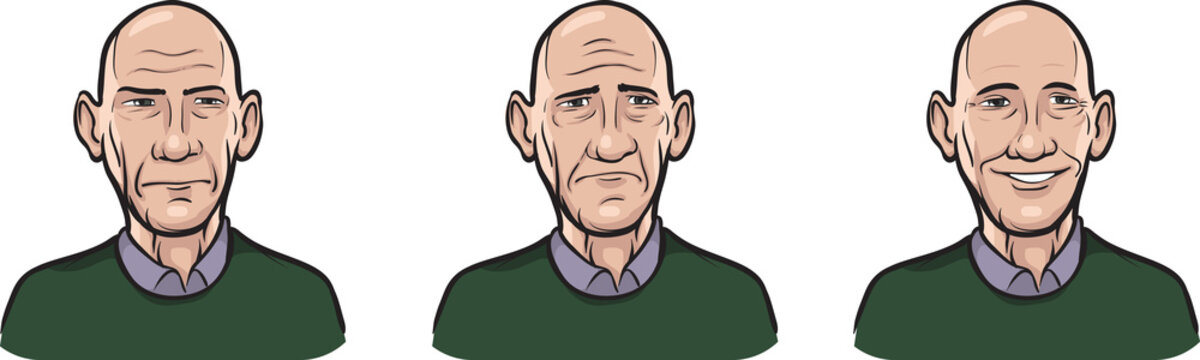bald man face three expressions isolated user profile avatar heads - PNG image with transparent background
