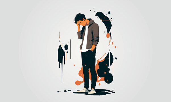 young sad man in depression, vector illustration.