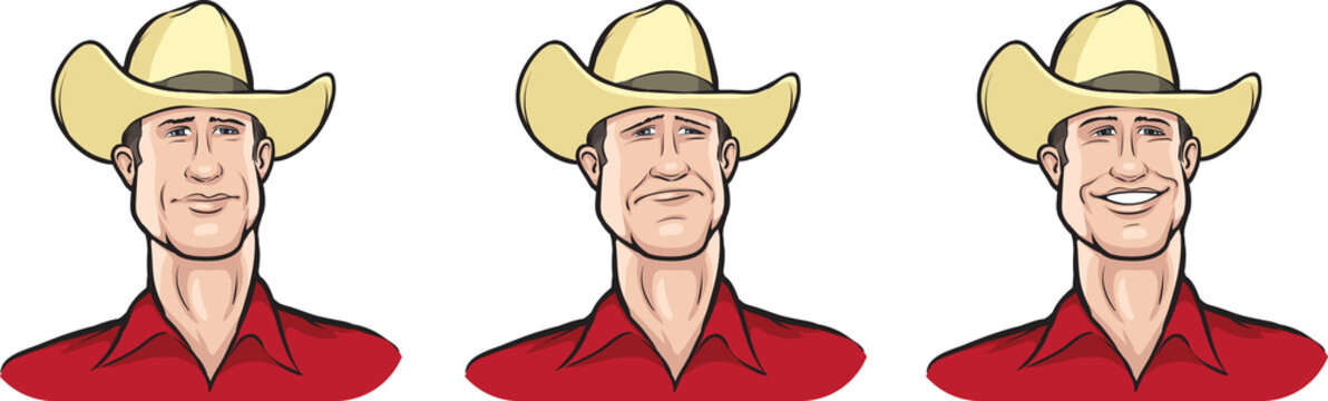 cowboy face three expressions isolated user profile avatar heads - PNG image with transparent background