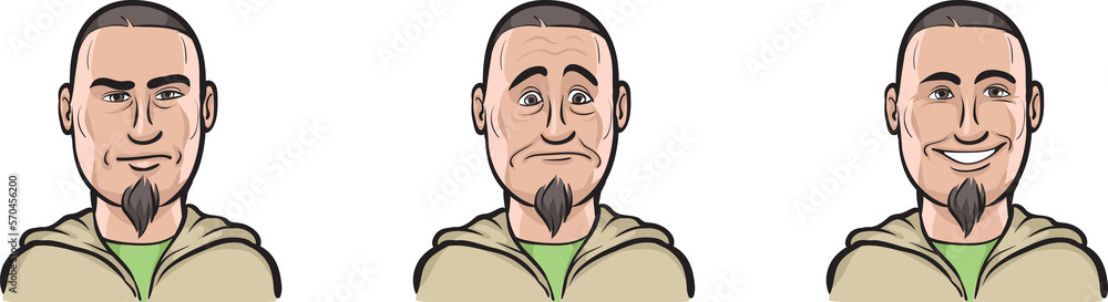 Poster short haired guy face three expressions isolated user profile avatar heads - png image with transpar