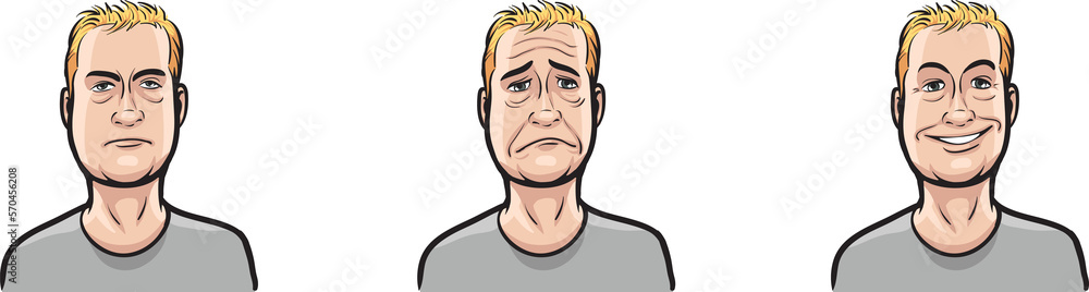 Poster tired guy face three expressions isolated user profile avatar heads - png image with transparent bac