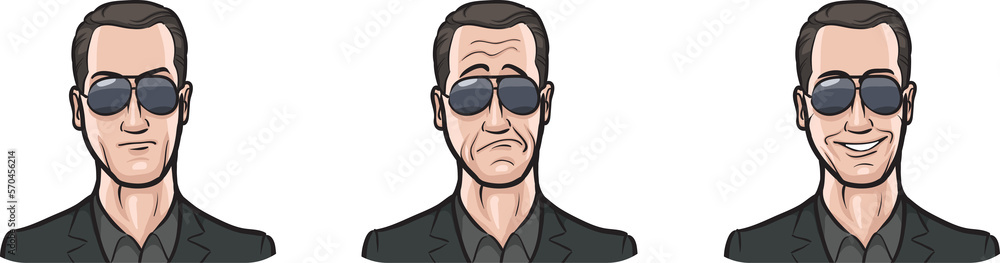 Poster tough man face three expressions isolated user profile avatar heads - png image with transparent bac