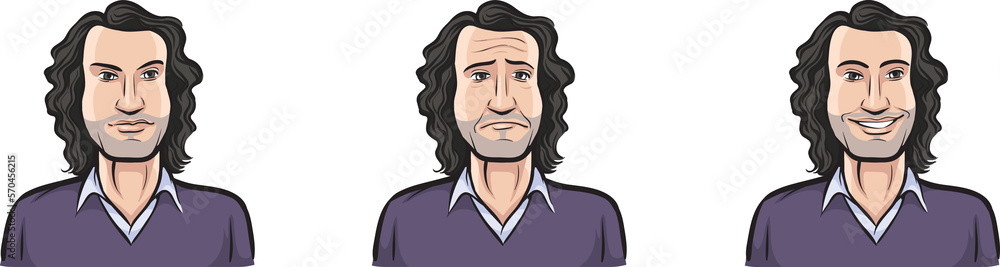 Poster trendy man face three expressions isolated user profile avatar heads - png image with transparent ba