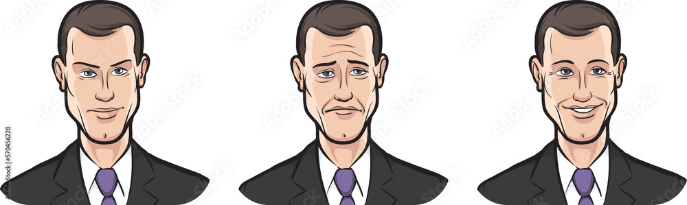 Poster young businessman face three expressions isolated user profile avatar heads - png image with transpa