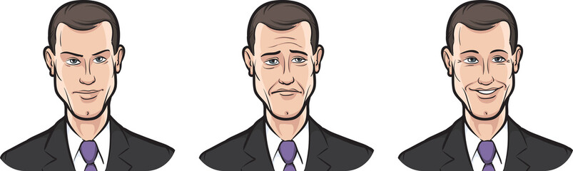 young businessman face three expressions isolated user profile avatar heads - PNG image with transparent background
