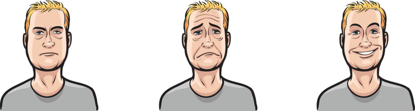 tired guy face three expressions isolated user profile avatar heads - PNG image with transparent background