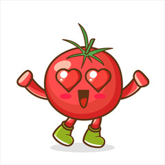 the falling in love expression of a cute tomatoes with heart shaped eyes , Cute tomato character design. Happy vegetable vector illustration. Cartoon tomato flat design.