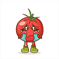 Crying face on tomato illustration, Cute funny crying sad tomato character.
