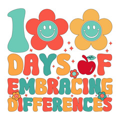 100 Days Of Embracing Differences Greeting Card Template With Hand-Drawn Lettering And Simple Illustration For Cards,Retro Design