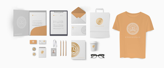 Corporate identity with light brown ethno logo for yoga center or natural spa salon, branding set of folder and envelope, business card and book