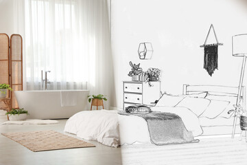 From idea to realization. Cozy apartment interior with combined bathroom and sleeping areas....