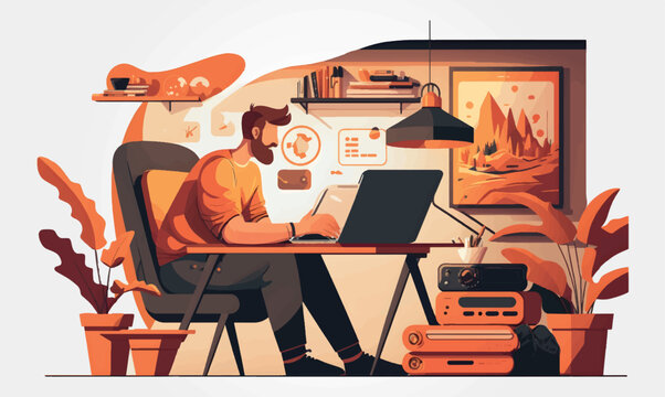 recommend clip art: man working on computer at home, vector illustration
