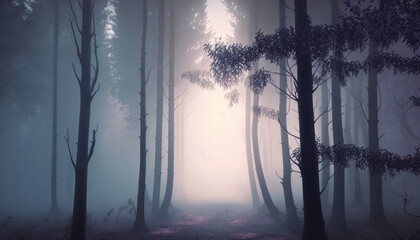 Mysterious dark forest with fog. Digital painting, generative ai