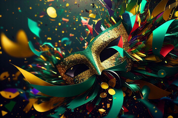 Abstract background with brazilian carnival party theme, confetti, streamers, glitter, Generative AI